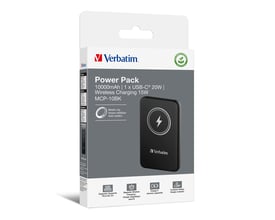 Verbatim Charge´n´Go Magnetic Wireless Power Bank 10000 mAh sort, vist i sin emballage med tydelige produktinformationer og logo.