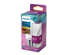 Pakke med Philips SceneSwitch E27 LED-pære, viser pæren og funktionerne med 3 lysindstillinger og 806 lumen.