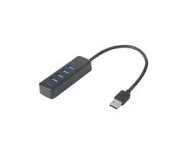 Deltaco USB-A hub med 4 porte og 5 Gbit/s, vist fra siden med kablet og USB-A stikket synligt på hvid baggrund.