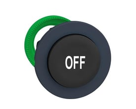 Schneider Electric Harmony XB5/ZB5 flush trykknap i sort med hvid "OFF" markering og grøn monteringsring.