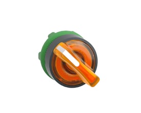 Orange drejegreb fra Schneider Electric, Ø22 mm, med hvid markering og lysende kerne, set fra siden på hvid baggrund.