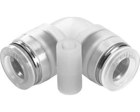 Festo vinkel-stikforbindelse NPQP-L-Q12-E-FD-P10 i gennemsigtig plast med indstik og synligt Festo logo.