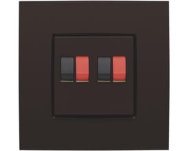 Niko afdækning til dobbelt højttalerudtag i mørkebrun, med to sorte og to røde terminaler. Elegant og diskret design.