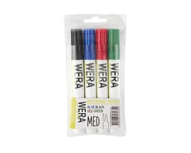 Pakke med fire Wera whiteboard markers i farverne sort, blå, rød og grøn, med konisk spids og lugtfri blæk.