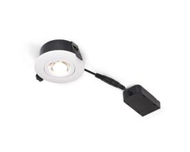 Nordtronic Low Profile Flexible G2 spot i mat hvid med synlig LED og tilslutningskabel, klar til installation på hvid baggrund.
