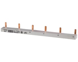 Siemens 3-faset samleskinne i grå, 10mm2, med 6 tilslutninger og kobberstifter. Mærket med L1, L2, L3.