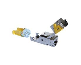 Legrand RJ45 Cat 6A STP datastik, vist samlet og adskilt for nem værktøjsfri installation.