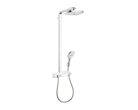 Nærbillede af Hansgrohe brusesystemet, der viser termostaten med drejeknap og Select-knapper samt bruserholderen.