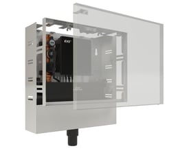 Kemper KHS LITE hygiejneskyl med gennemstrømningssensor og én tilslutning vist i et teknisk diagram. Komponenterne er synlige inde i en metalboks, der er delvist dækket af en gennemsigtig skal.