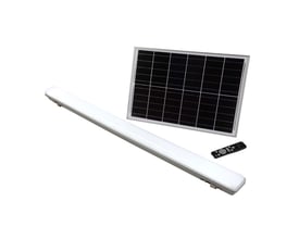 V-TAC 18W Solar LED armatur med 3i1 farvetemperatur, sensor og RF-kontrol samt solpanel og fjernbetjening på hvid baggrund.