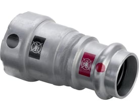 Viega Megapress overgangsfitting i metal med 3/4" og 22 mm dimension, vist på hvid baggrund med advarselssymboler.