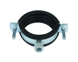 Elforzinket KSB2 rørbøjle til rør med M8/10 gevind, Ø48-52mm, viser stålkonstruktion og sort EPDM gummiindlæg.