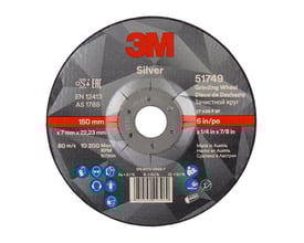 3M Silver skrubskive, type 27, 150 mm diameter og 22,23 mm huldiameter med 10200 max RPM. Skiven viser standard sikkerhedssymboler og produktinformation.