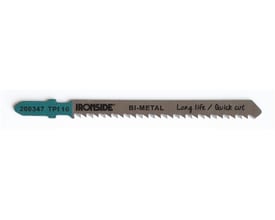 Ironside T101BRF-stiksavklinge i bi-metal, set fra siden med tandet skær og grønt skaft.