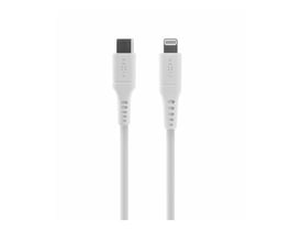 Hvidt Fixed-kabel i liquid silikone, 2 meter langt, med USB-C- og iPhone-stik synlige.