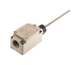 Omron WLNJ-GN endestop med fleksibel stang, vist fra siden med PG13 gevindindgang og DPDB funktion.