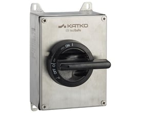 KATKO IsoSafe Ker 325 isolator med rustfrit stålkabinet og sort drejehåndtag set forfra.