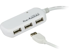 ATEN UE2120H aktivt, hvidt USB 2.0-forlængerkabel med hub med fire porte og separat USB-stik.