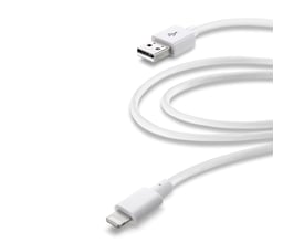 Cellular Line USB-A til Lightning ladekabel på 3 meter, i hvid med hvid baggrund.