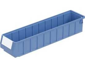 Bito Lagerteknik reolkasse RK i blå plast, måler 500x117x90 mm, vist med et tomt hvidt mærkat på fronten.