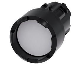 Siemens 22 mm trykknap med rund hvid plastikfrontring og forhøjet overflade, model 3SU1000-0DB60-0AA0.