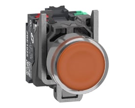 Schneider Electric lampetryk med plan, orange trykflade og metalring, inkluderer 1NO+1NC kontaktelementer og push-in klemmer.