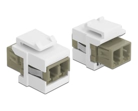 To DeLock Keystone moduler for fiberoptiske kabler med synlige LC Duplex hun-porte, viser den modulære koblingsmekanisme.