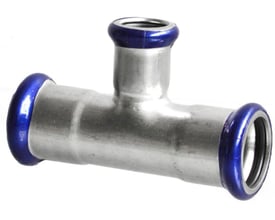 Unico rustfrit reduceret T-stykke 54-22-54mm med blå pressmuffer til brug i vand- og varmesystemer.