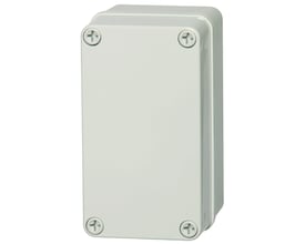 Nærbillede af Fibox Piccolo monteringskasse, viser skruer og samlinger på gråt ABS plastdæksel.