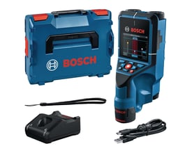 Bosch Detektor D-tect 200 C Professional med tilbehør, herunder L-BOXX, batteri, oplader og USB-C kabel.