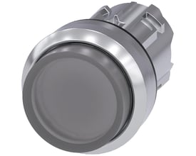 Siemens 22mm rund oplyst trykknap i metal med højglans, klar finish og momentan kontakt på hvid baggrund.