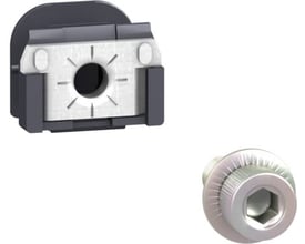 Schneider Electric klipsemøtrik M8 og en separat M8 bolt vist på hvid baggrund.