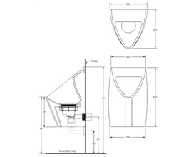 Tekniske tegninger for Falcon Lava vandfri urinal, viser dimensioner, monteringshøjde og 32mm bagudrettet afløb.