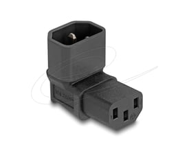 Sort DeLock-strømadapter med IEC 60320 C14-hanstik og C13-hunstik, udført i 90° vinkel til 10 A.