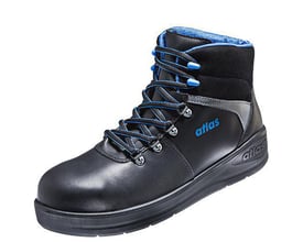 Atlas ThermoTech 800 sikkerhedsstøvle i sort okselæder med blå snørebånd og logo på hvid baggrund.