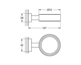 Teknisk tegning af Grohe Essentials Cube holder med dimensioner i millimeter for bredde, dybde og diameter.