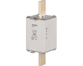 Siemens NH1 PV sikringslink med bladkontakter, 100 A mærkestrøm og 1000 V DC, vist på hvid baggrund.