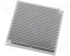 Omron E39-R40 reflektor til fotosensor, med mange små cirkulære reflekterende elementer fordelt på et firkantet panel. Måler 84,5 x 84,5 mm.