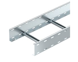 Detalje af OBO Bettermann kabelstige 110x300 mm, viser VS-trinnet og perforeret sideprofil i galvaniseret stål.