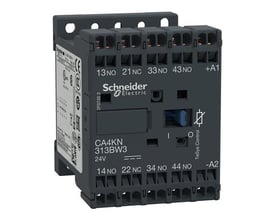 Schneider Electric hjælperelæ serie K, model CA4KN 313BW3 med 3 NO og 1 NC kontakter samt 24V DC spole.