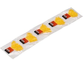 Weidmüller CLI C 2-6 ledningsmærker i gul, leveret i en lang, gennemsigtig plastikpose med flere sektioner af mærker.
