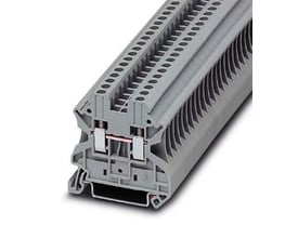 Nærbillede af Phoenix Contact UT 2,5 gennemgangsklemme i grå, fremhæver skrueterminaler og den kompakte bredde på 5,2 mm.