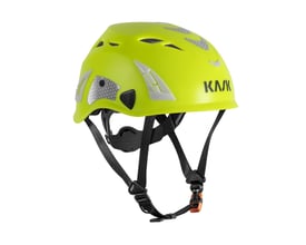 Kask Plasma AQ sikkerhedshjelm, Hi-Vis gul, vist fra fronten med hageremme og tydelig Kask logo på hjelmen.