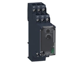 Schneider Electric Zelio RE22R timer med forsinket tiltræk og 24-240V spænding, viser drejeknap til tidsindstilling og LED-indikator.