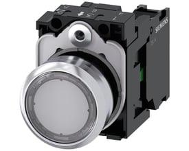Siemens 22mm rund trykknap i metal med klar, flad knap og 1 slutte (NO) kontakt. Synlige skrueterminaler og 'SIEMENS' logo.
