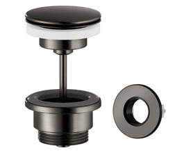 Damixa push-up bundventil i børstet grafitgrå messing, Ø63 mm, med overløbsring og messing bundventilhus.