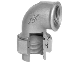 Georg Fischer galvaniseret vinkel union 90 grader, 1" x 1", lavet af blødstøbt støbejern med synlig gevind og konisk tætning.