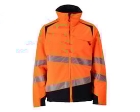 Detaljeret frontvisning af Mascot Hi-Vis jakken i orange/mørk marine, med lynlås og lommer tydeligt synlige.