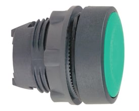 Sidevisning af et grønt Schneider trykknaphoved med Ø22 mm diameter, fremstillet af kunststof.