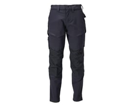 Mascot buks i mørk marine vist forfra, med synlige lommer, Click Pocket System og mesh-detaljer ved knæene.